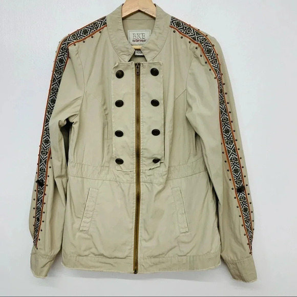 BKE Military Style Khaki Jacket Woman Medium Raw Hems Studs Pockets 100% Cotton - Picture 1 of 12